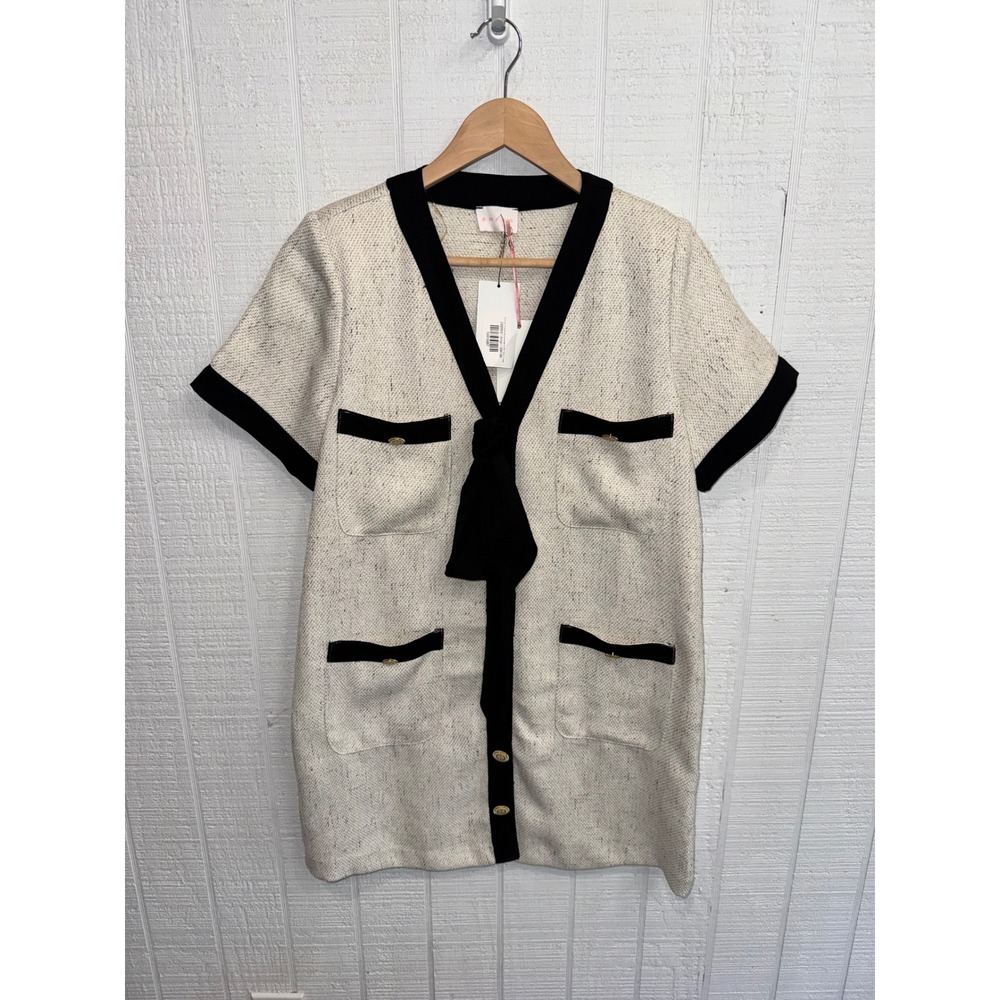 Entro Button Down Dress Women Cream Black Tweed Bow Anchor Button Small
